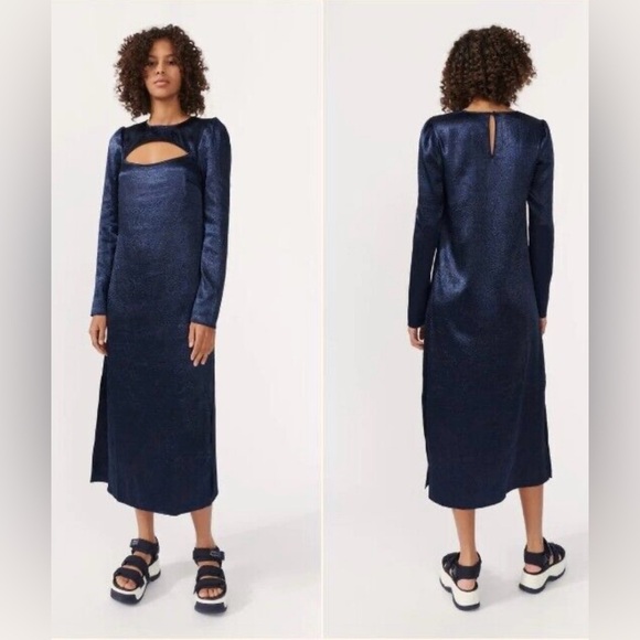 BAUM UND PFERDGARTEN Blue crinkle puff sleeve open front maxi dress size 6 - Picture 1 of 13